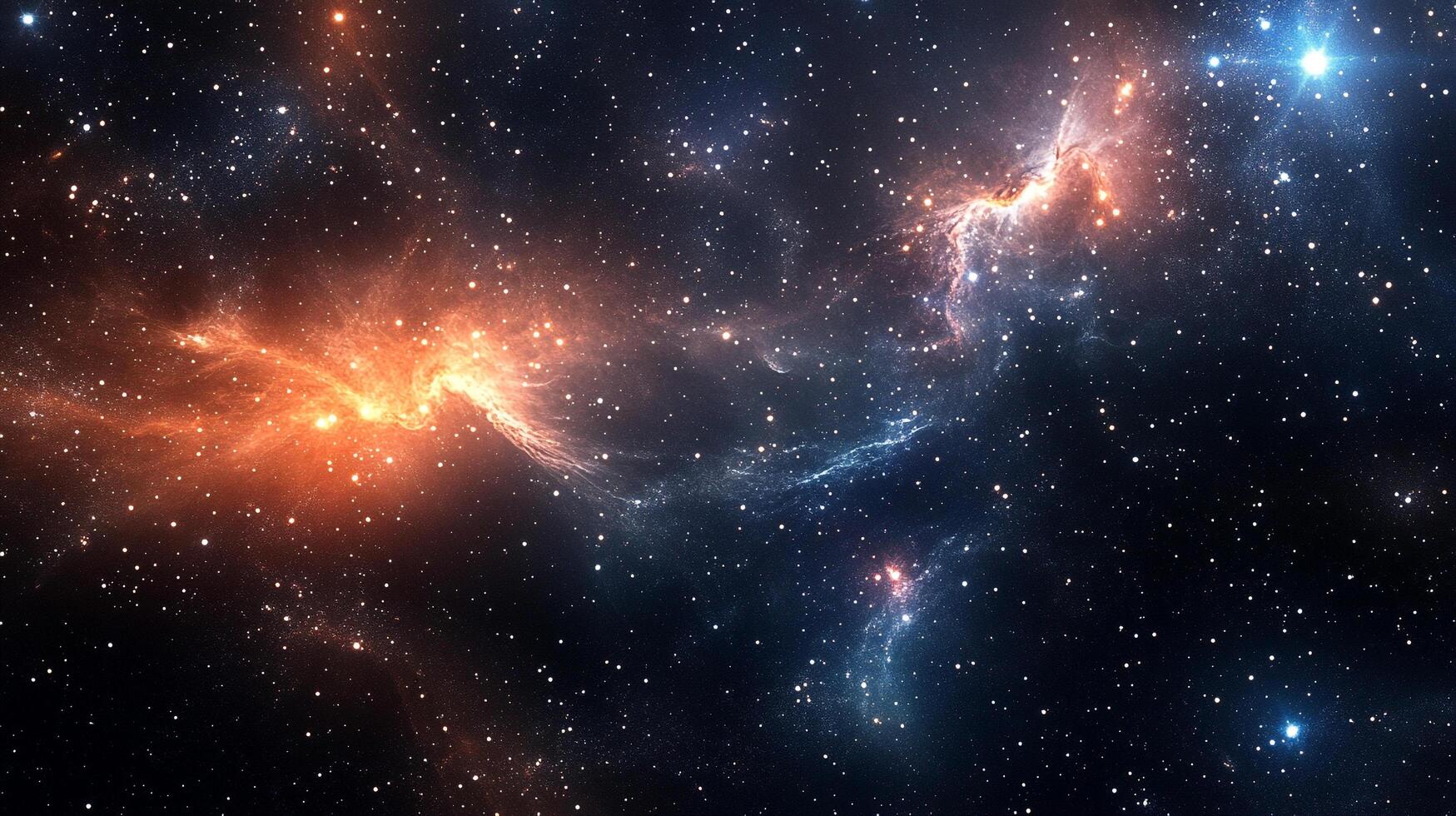 Vibrant cosmic tapestry with celestial clouds and countless twinkling stars in shades of deep blue and fiery orange on a black backdrop. photo