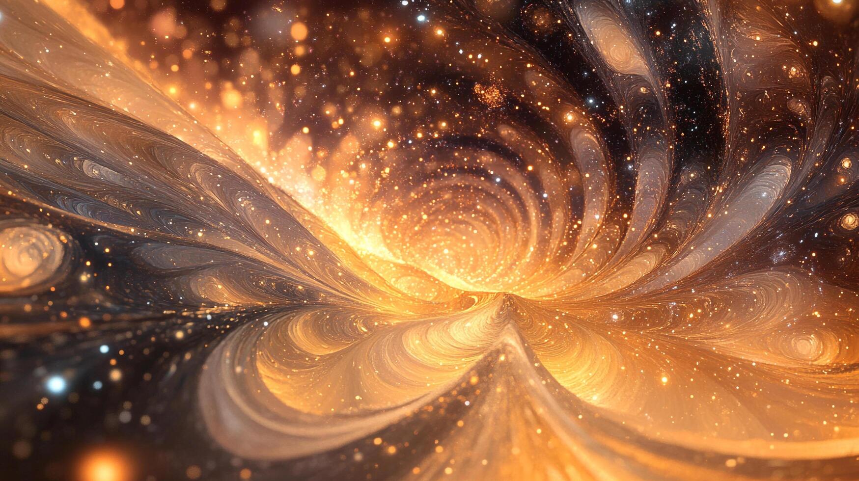Abstract golden light swirl with glowing particles in a dynamic cosmic dance. Fractal waves and shining stars create a magical space. photo