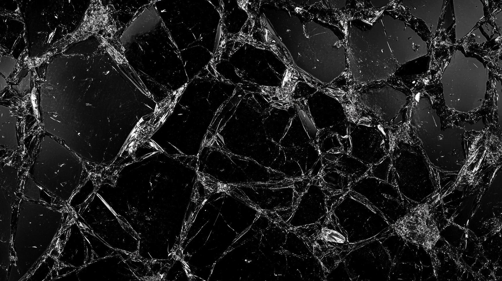 Intricate network of cracks spreading across a dark, reflective surface, creating a complex web of shattered patterns and sharp angles. photo