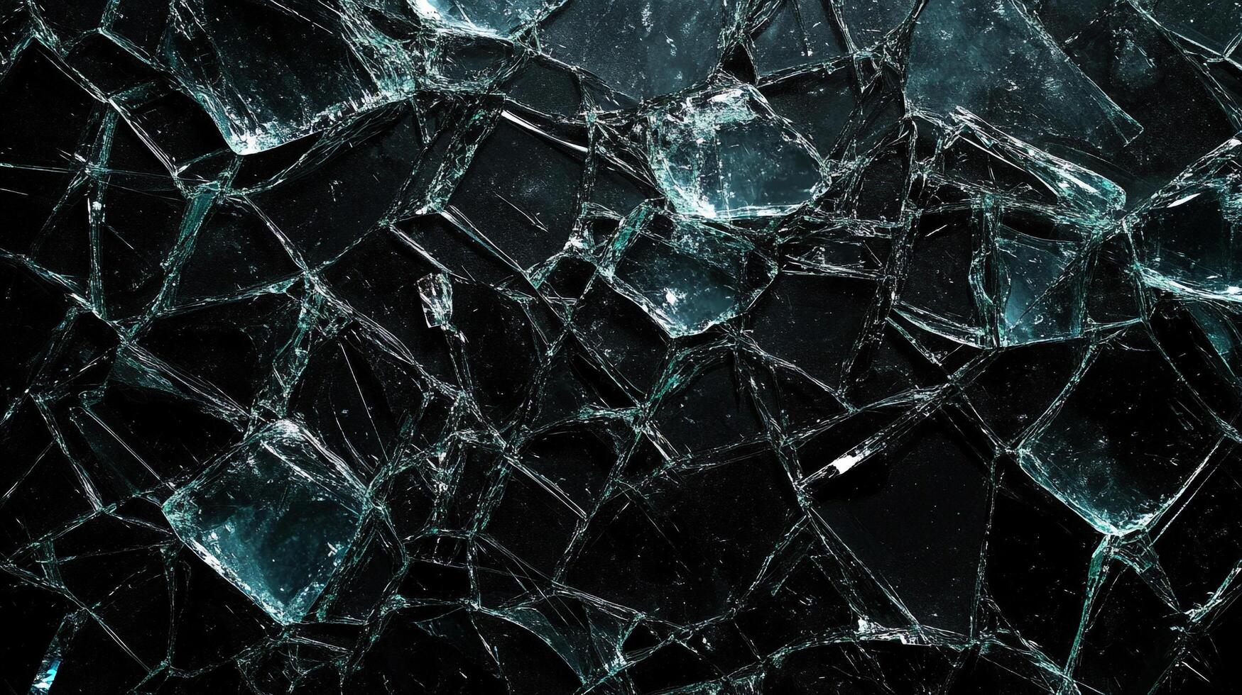 Shattered surface of clear, textured material displaying numerous sharp fractures and reflective qualities against a dark background. photo