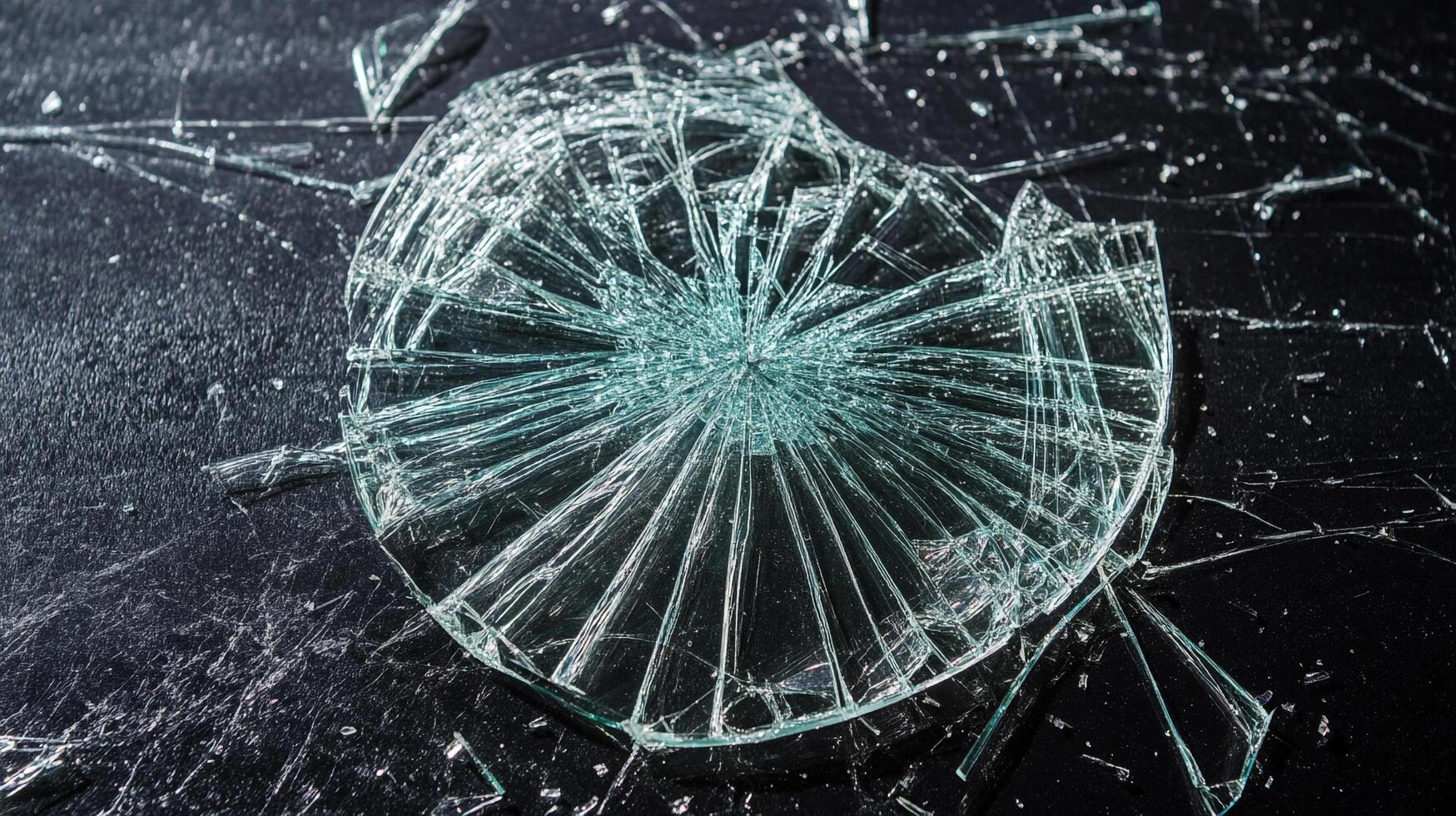 Shattered circle of glass on a black surface, radiating cracks outward. A visual metaphor for fragility and destruction. photo