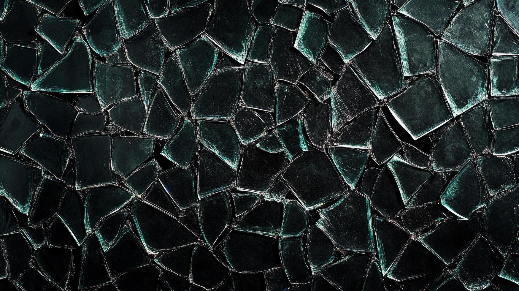 Abstract shattered glass texture. Pieces assembled in a mosaic. Dark, irregular shards reflect light. Intricate patterns and dynamic look. photo