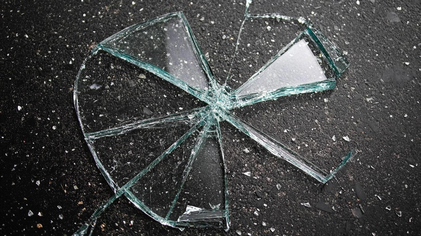 Shattered glass on dark pavement creates a radial pattern with sharp edges. Reflection catches light adding danger to this common accident. photo