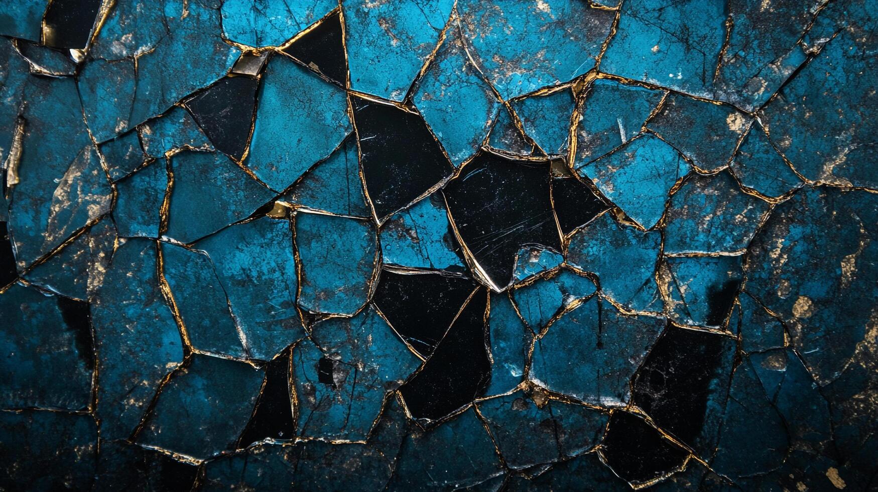 Abstract design with mosaic-like textures, featuring a vibrant blue contrasted by dark crevices and metallic detailing. photo