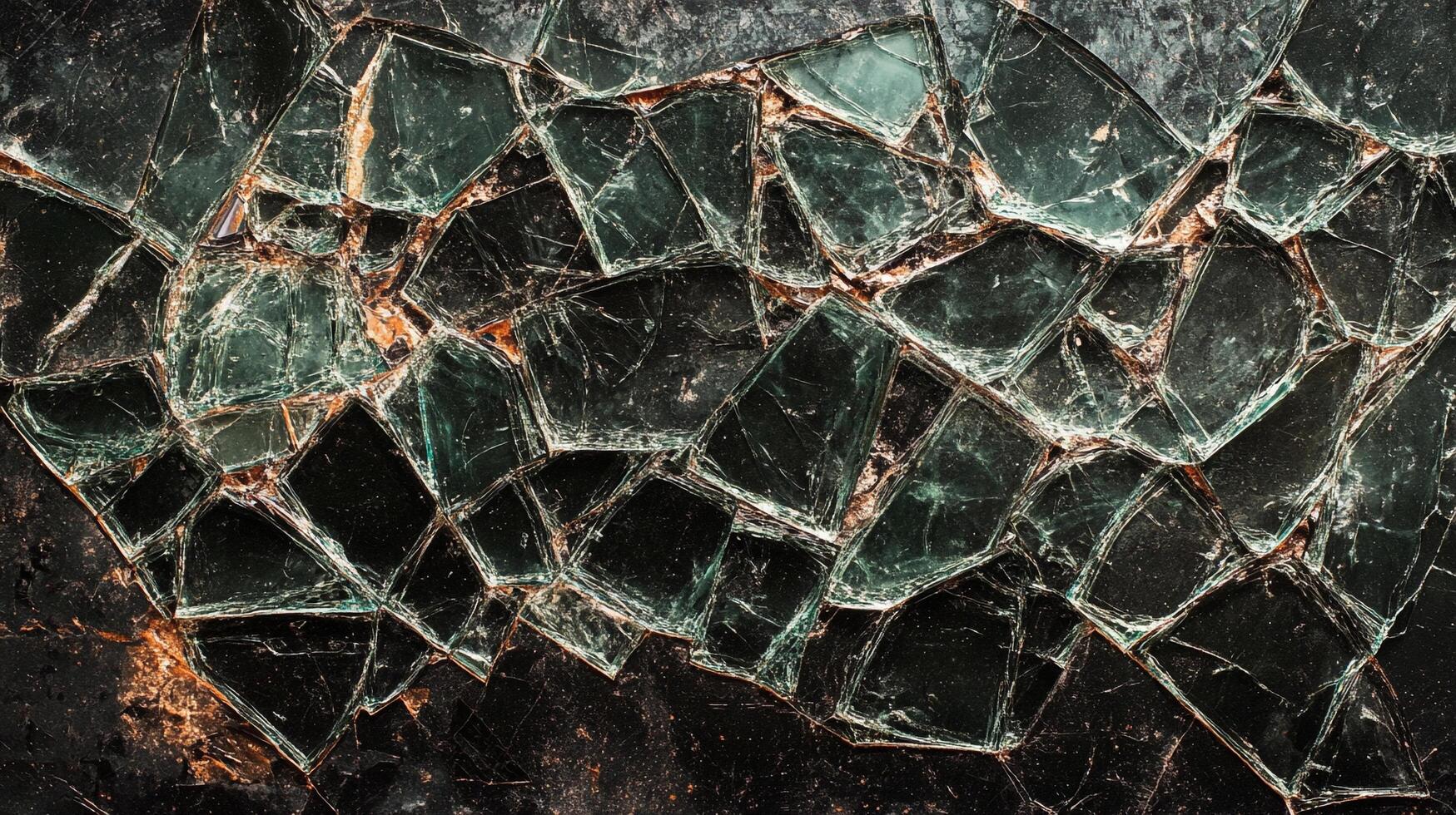 Shattered glass pane, an intriguing study of destruction and geometric patterns. The dark background shows broken glass pieces. photo
