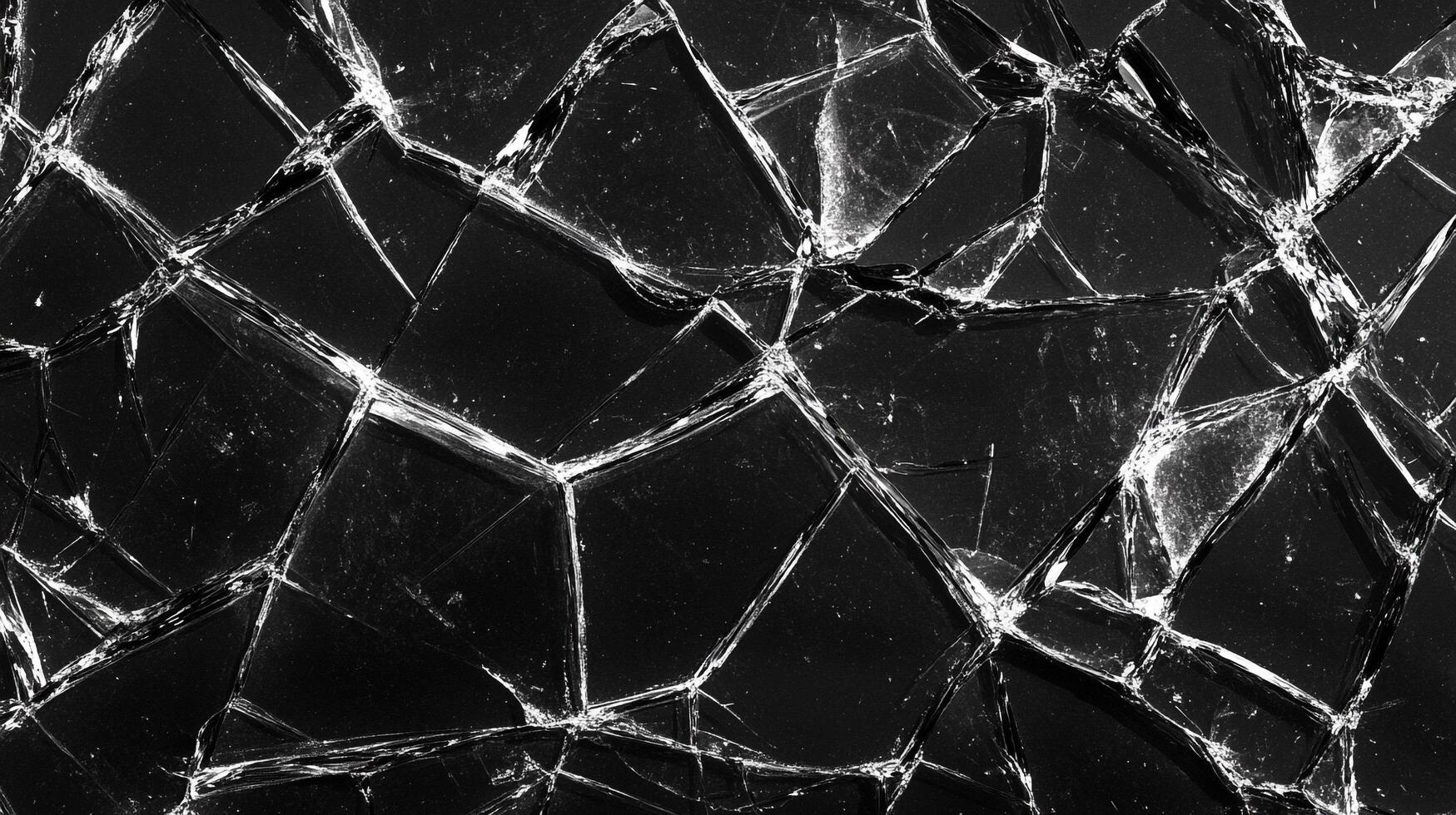 Intricate patterns of destruction are revealed in shattered glass, where light plays across fractured surfaces, creating a monochrome mosaic. photo