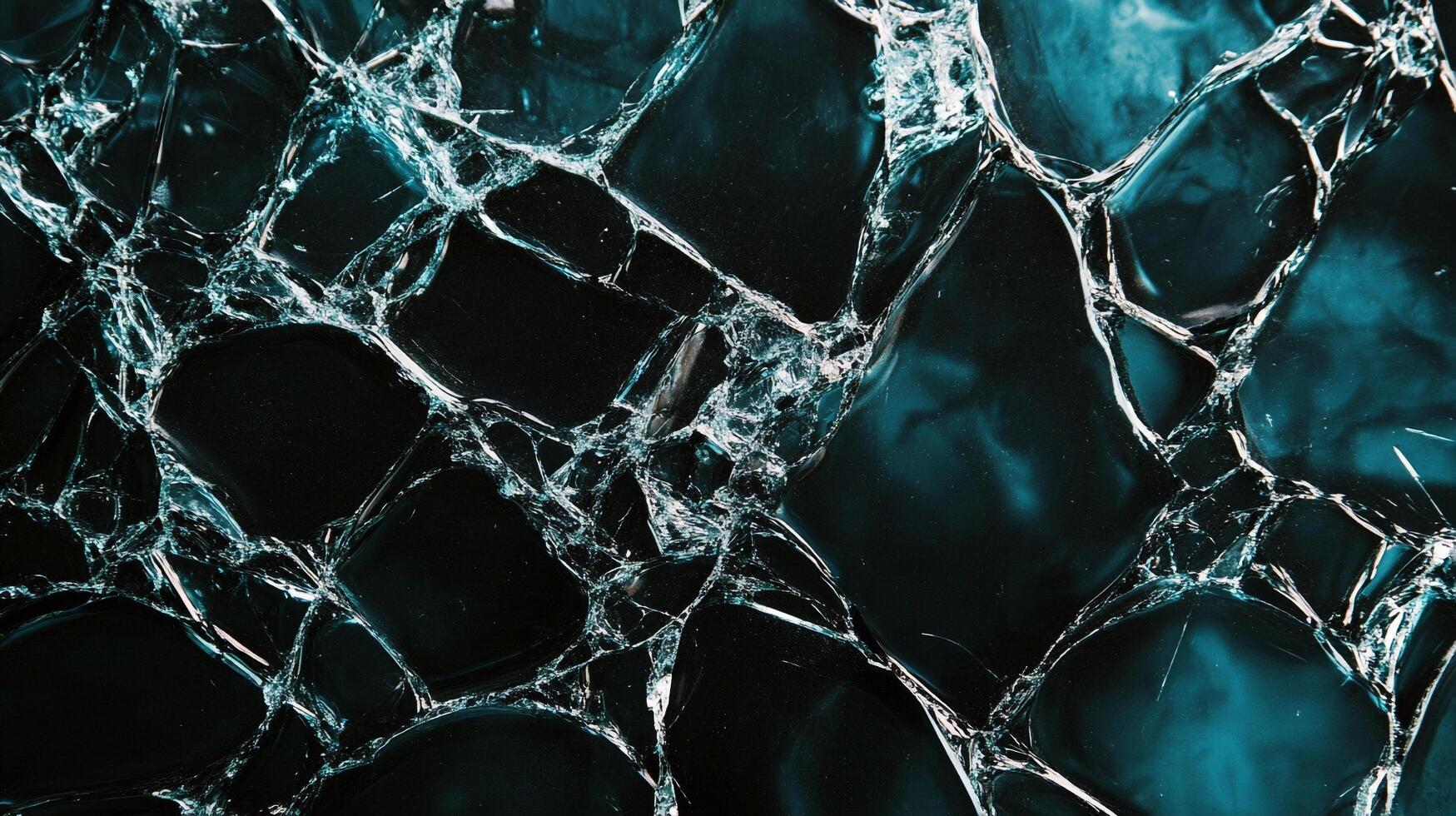An abstract textured background with broken glass effect, showing a dark teal and black color palette with intricate cracks running through. photo