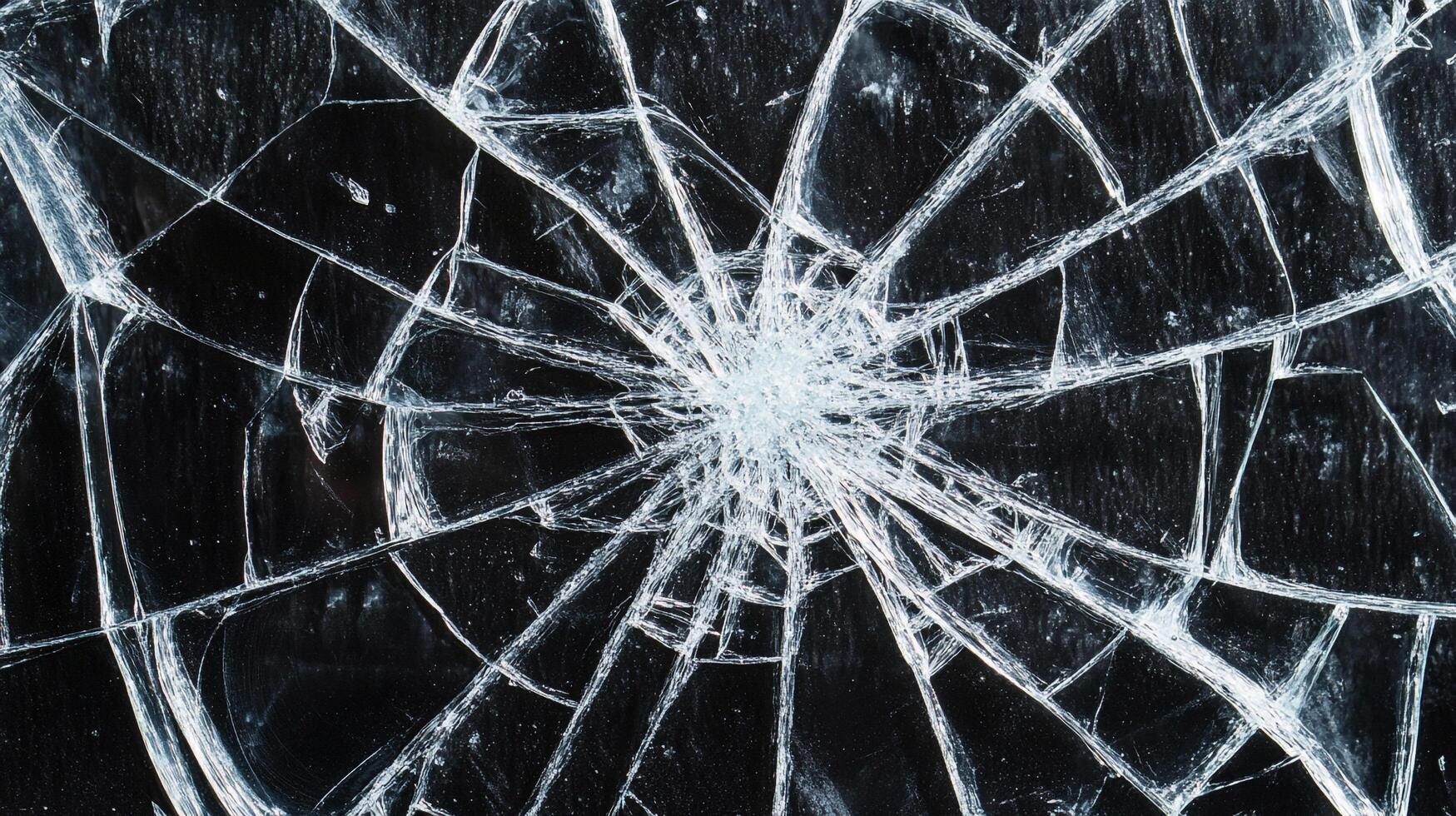 Cracked surface pattern shows radiating web of fracture lines on a dark background. A central point with radiating breakage. photo