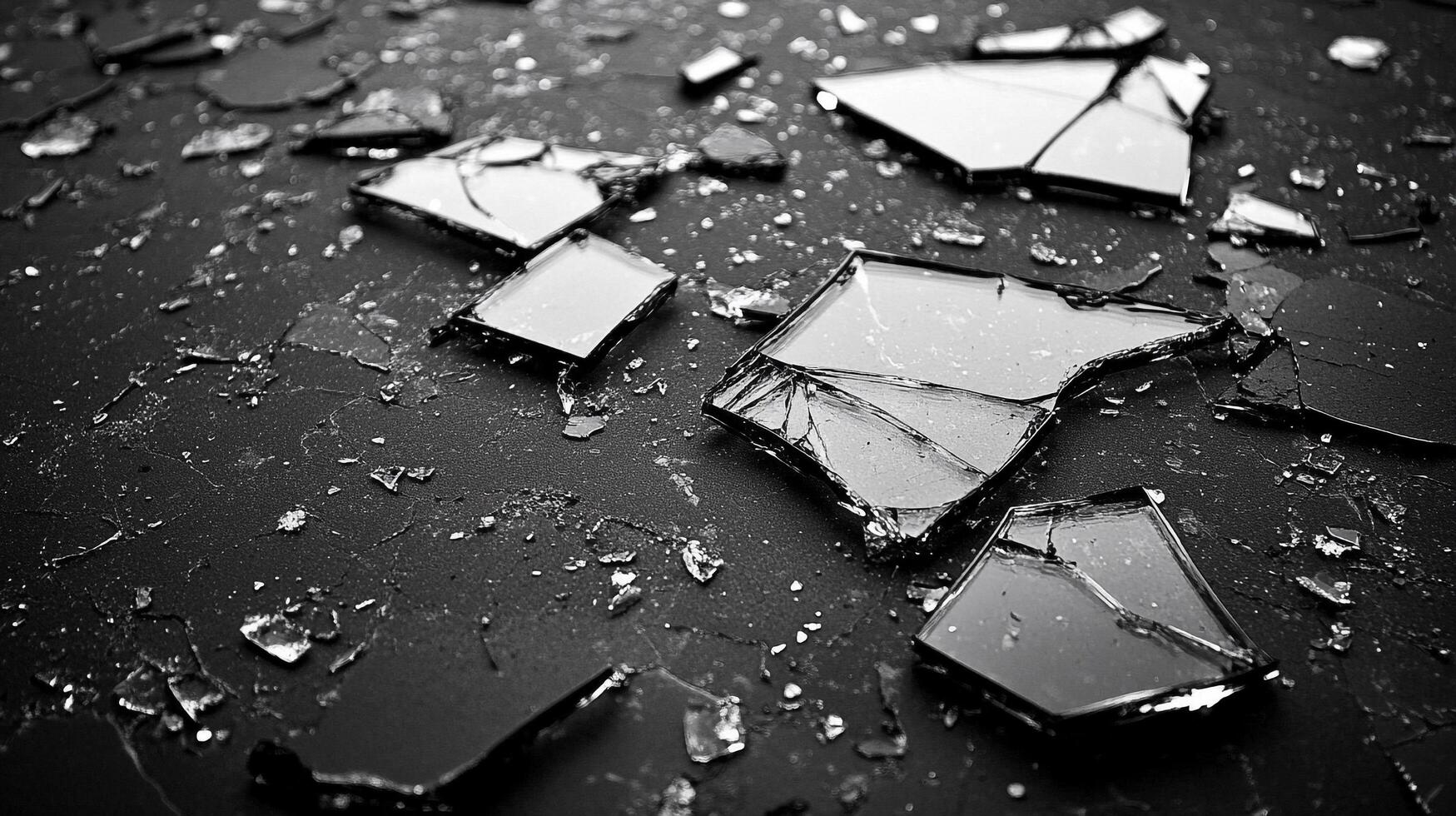Scattered shards of broken glass glint, lying against a stark black surface, creating a scene of fragile destruction and sharp edges. photo