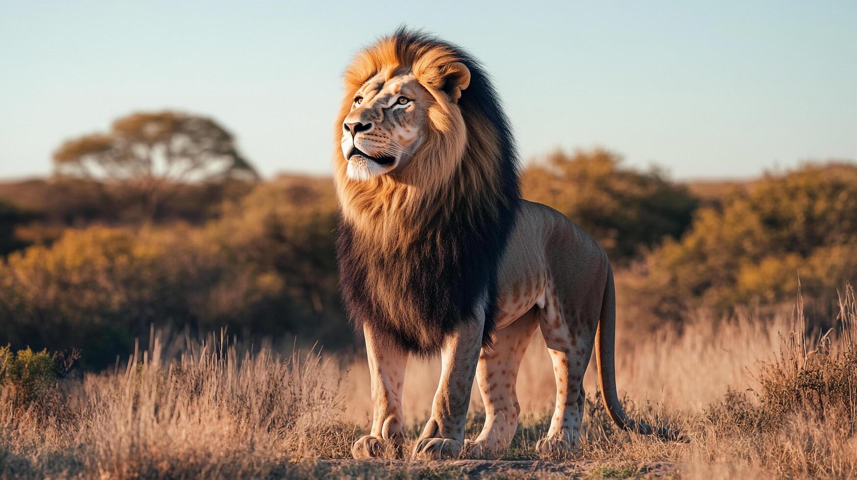 Majestic lion in the golden African savanna, gazing into the distance with regal poise, a symbol of strength and natural beauty photo