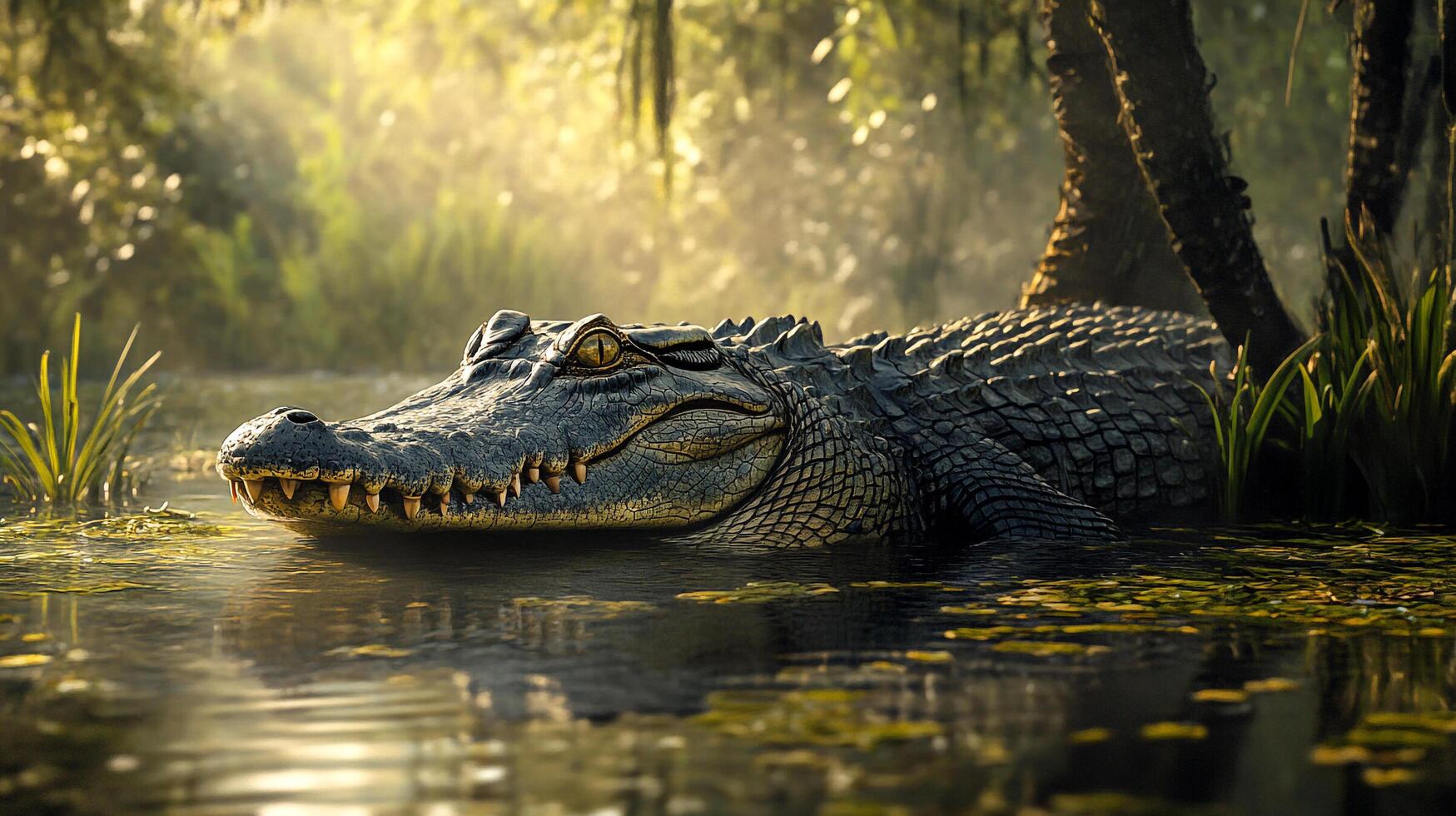Alligator lurking in swampy waters, partially submerged, bathed in golden light, scales shimmering with predatory grace. photo