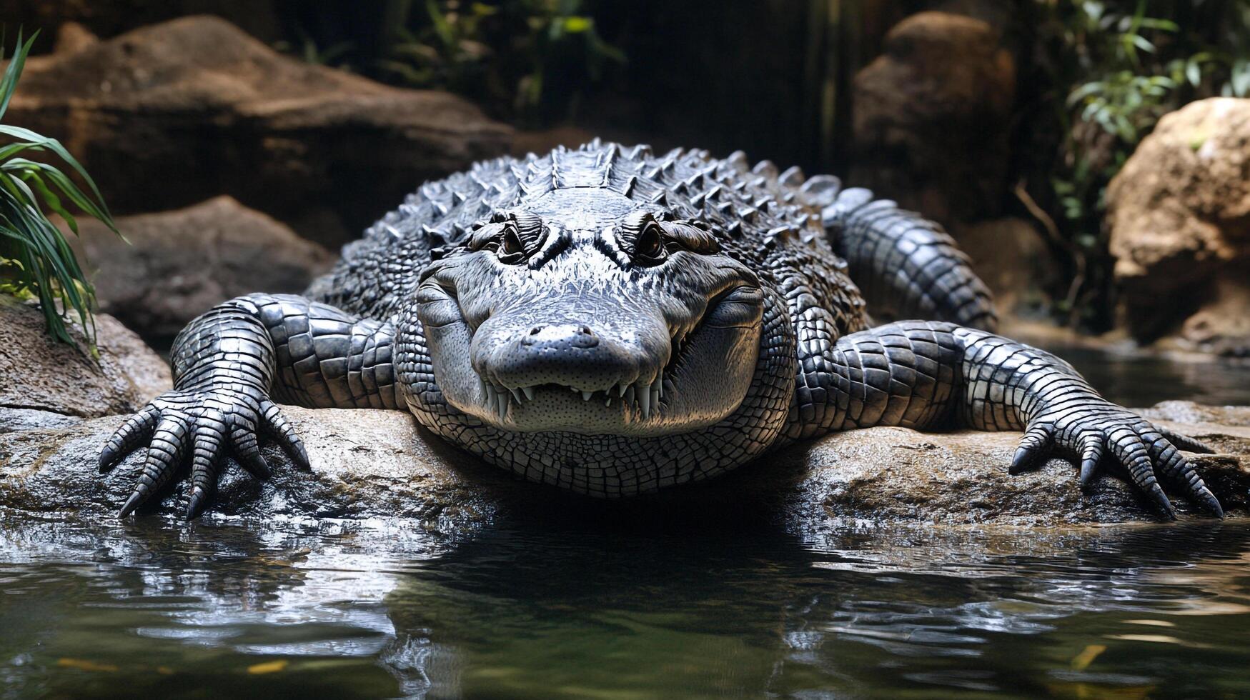 Alligator resting on a rock near water's edge. The alligator's textured skin and watchful eyes are visible in this wildlife shot. photo