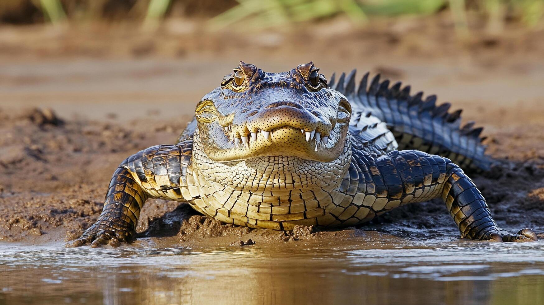 A caiman's intense gaze meets the camera as it rests on a muddy riverbank, showcasing its robust scales and formidable teeth. photo