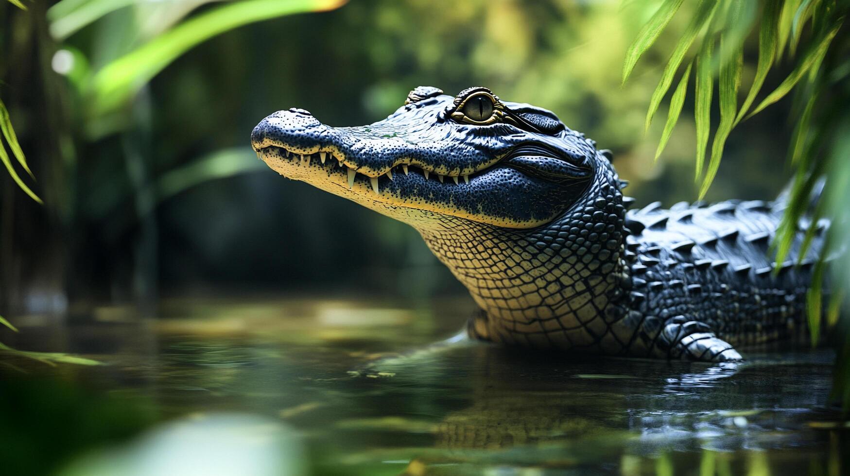 Alligator emerging from the water, its scales glistening under the light, creates an enchanting glimpse into its aquatic habitat. photo