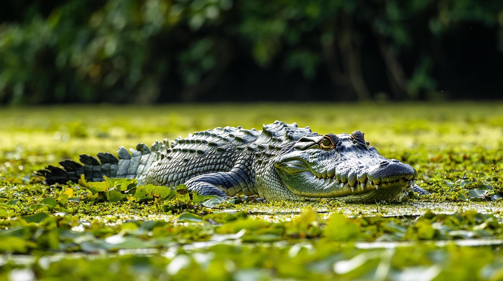 Alligator in natural habitat. The alligator is partially submerged, showcasing its powerful body, textured skin, and watchful eyes. photo