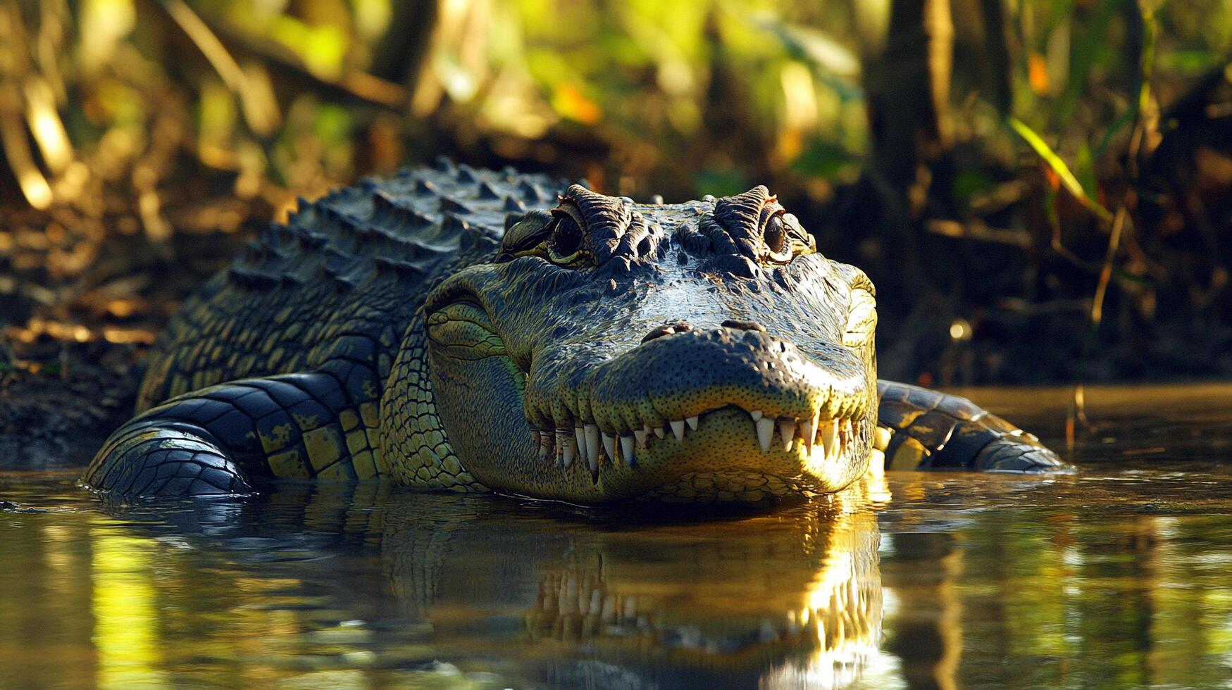 American alligator is a large reptile with a dark coloration that thrives in the swamps of the southeastern United States. photo