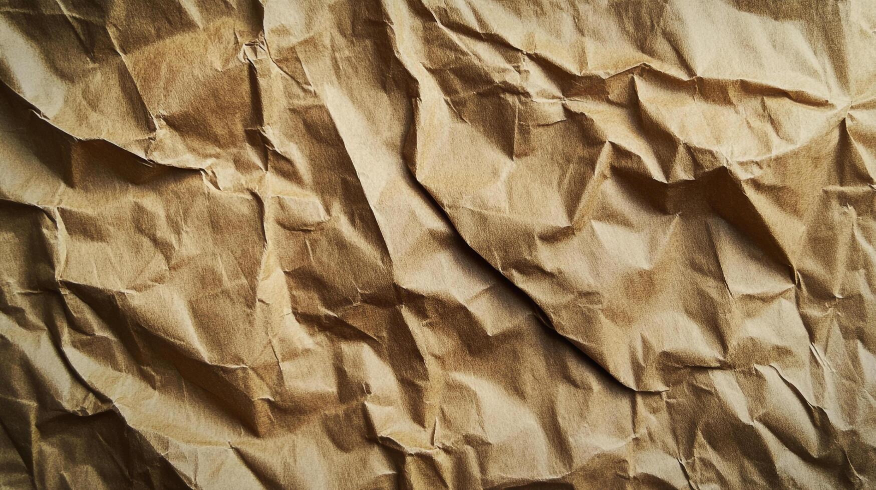 Textured surface of wrinkled and crumpled brown paper, creating a dynamic pattern of highlights and shadows. Natural and organic background. photo