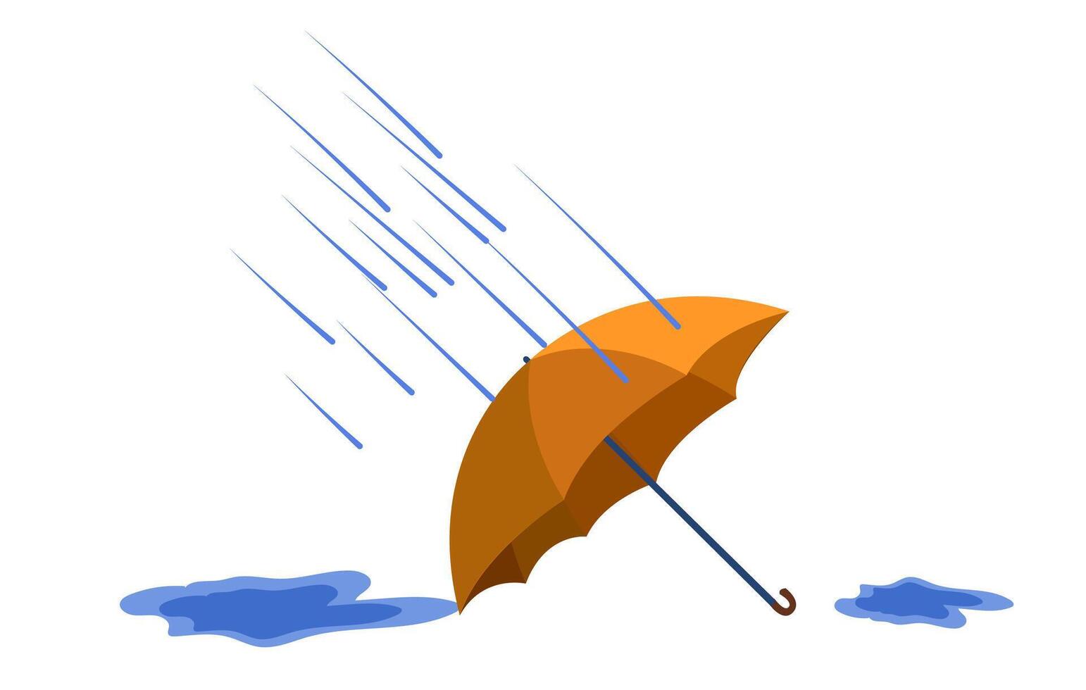 Rain falls on an orange umbrella with puddles forming on a white background during a stormy weather vector