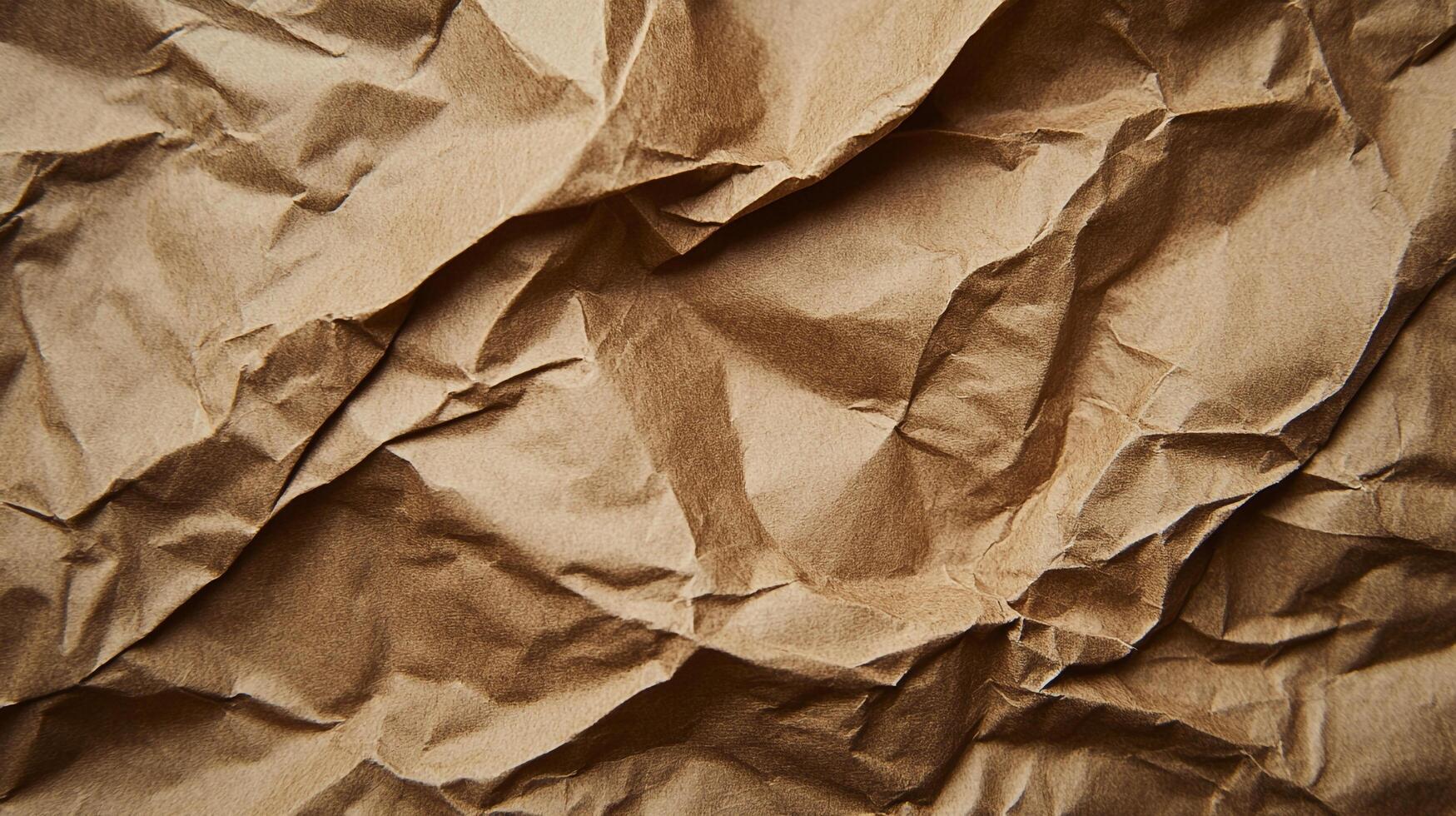 High-angle shot showcasing the intricate textures and patterns of crumpled brown paper. The light and shadows enhance the natural tone. photo
