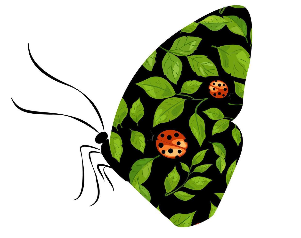 Colorful butterfly illustration with vibrant leaves and ladybugs in a whimsical nature design vector