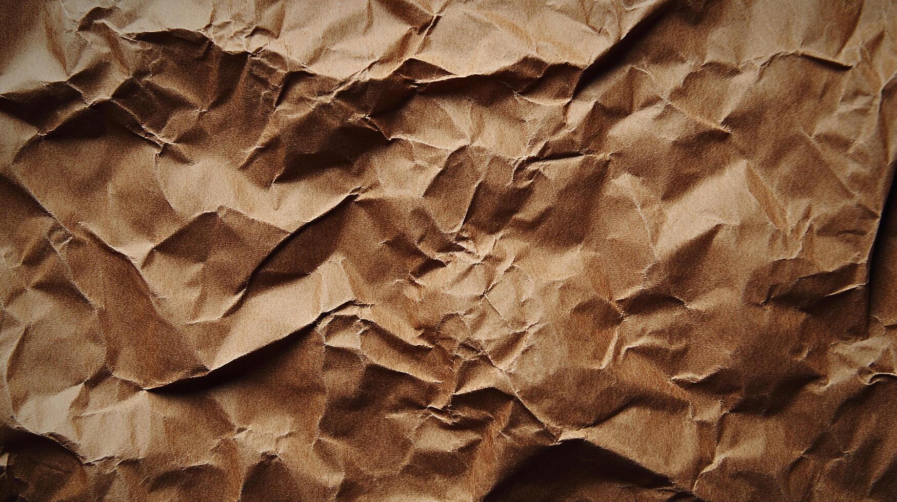 Close-up texture of crumpled brown paper, creating an abstract pattern of folds, shadows, and highlights for a rustic background. photo