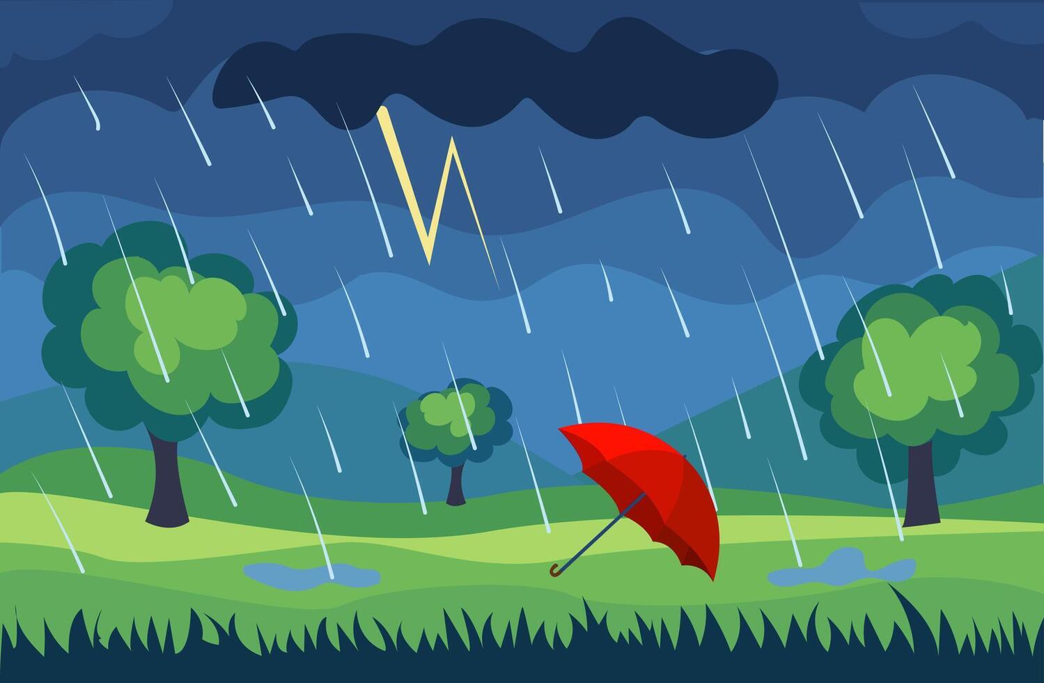 illustration of a red umbrella in a stormy landscape with rain and lightning vector