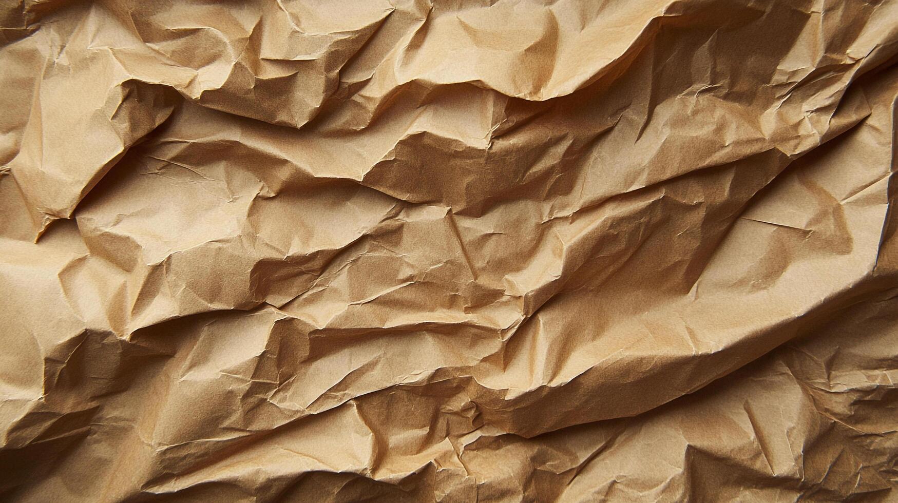 Crumpled brown paper texture with deep folds and creases, creating abstract patterns. Ideal for backgrounds, crafts, and design elements. photo