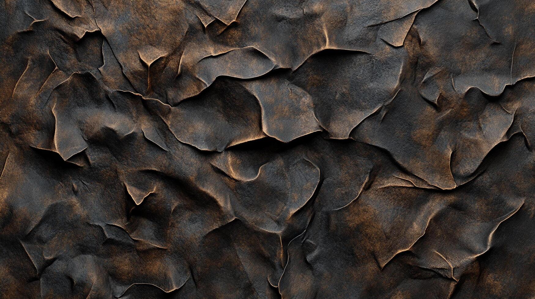 Textured bronze surface with cracked, peeling layers, creating an abstract, dimensional pattern. Dark and weathered, with metallic undertones. photo