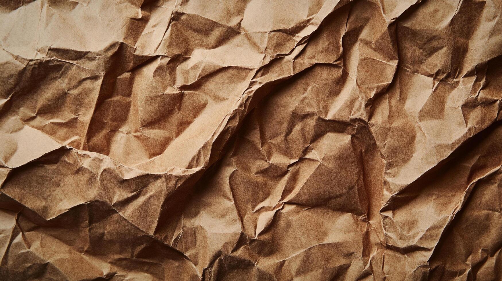 Detailed shot of crumpled light brown wrapping paper. The texture is rough and the light plays across the folds and wrinkles. photo