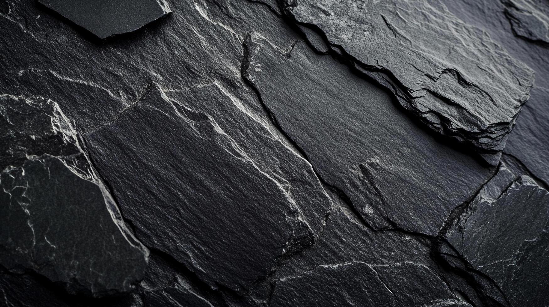 Textured surface of dark rock layers, creating a rugged, natural abstract pattern with highlights accentuating the sharp edges and ridges. photo
