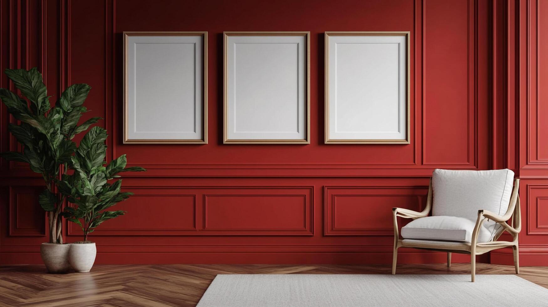 Elegant room scene featuring red paneled wall, three frames, armchair, rug, and plant on a parquet floor evoking classic modern interior design. photo