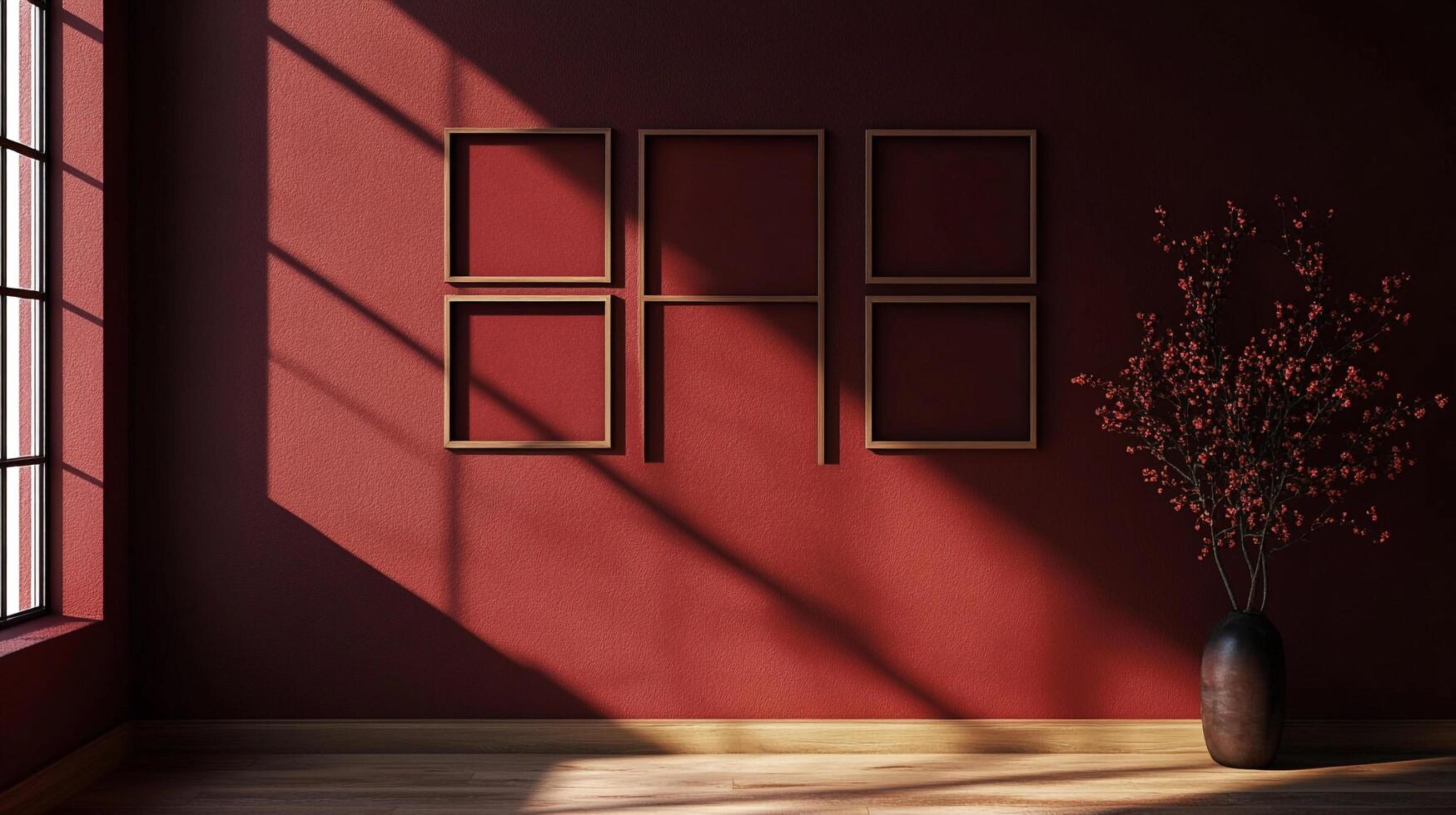 Elegant wall decor with geometric art, shadows, and a vase of flowers creating a serene, modern interior with a warm and inviting ambiance. photo