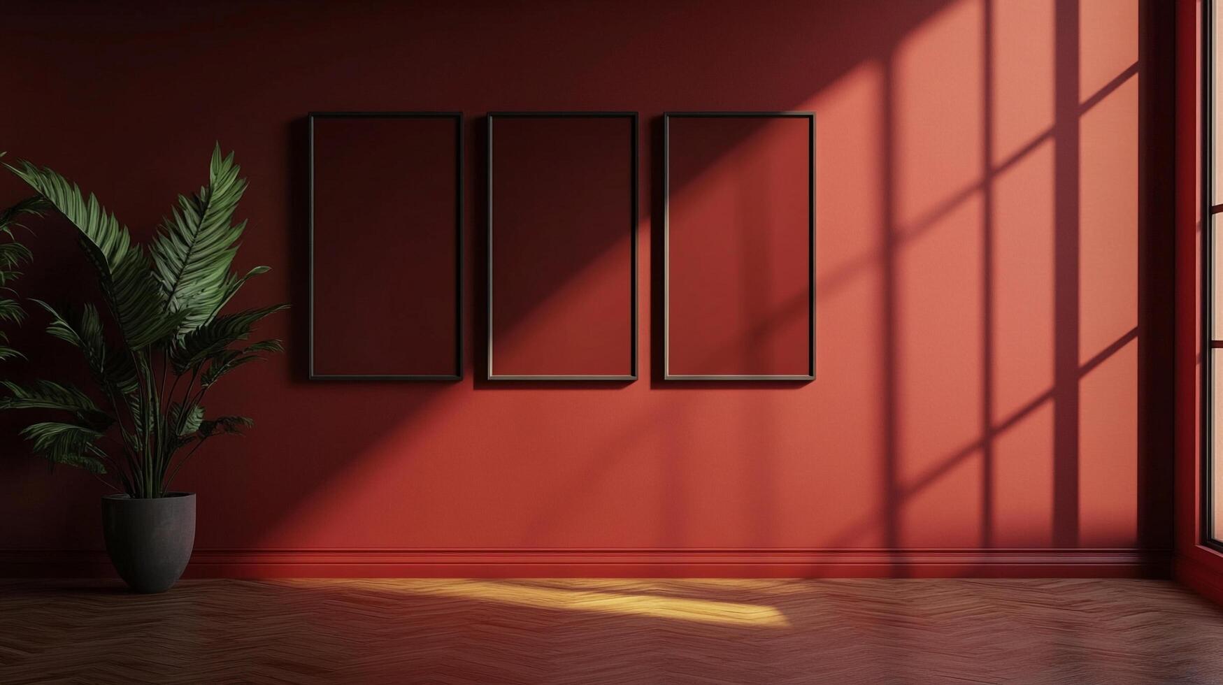 A plant sits beside three empty picture frames, casting a shadow pattern on a rust-colored wall in a room with hardwood floors. photo