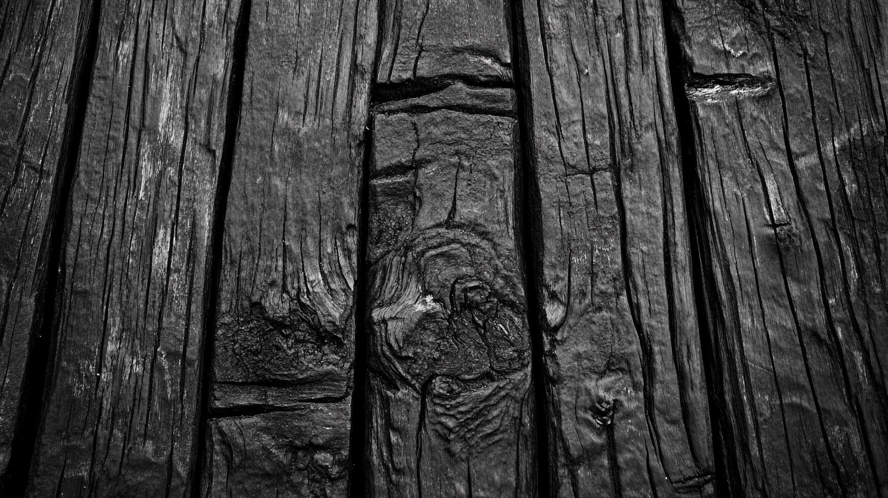 Distressed wood planks with deep cracks create a textured, monochrome abstract. Weathered and time-worn surface evokes raw beauty. photo