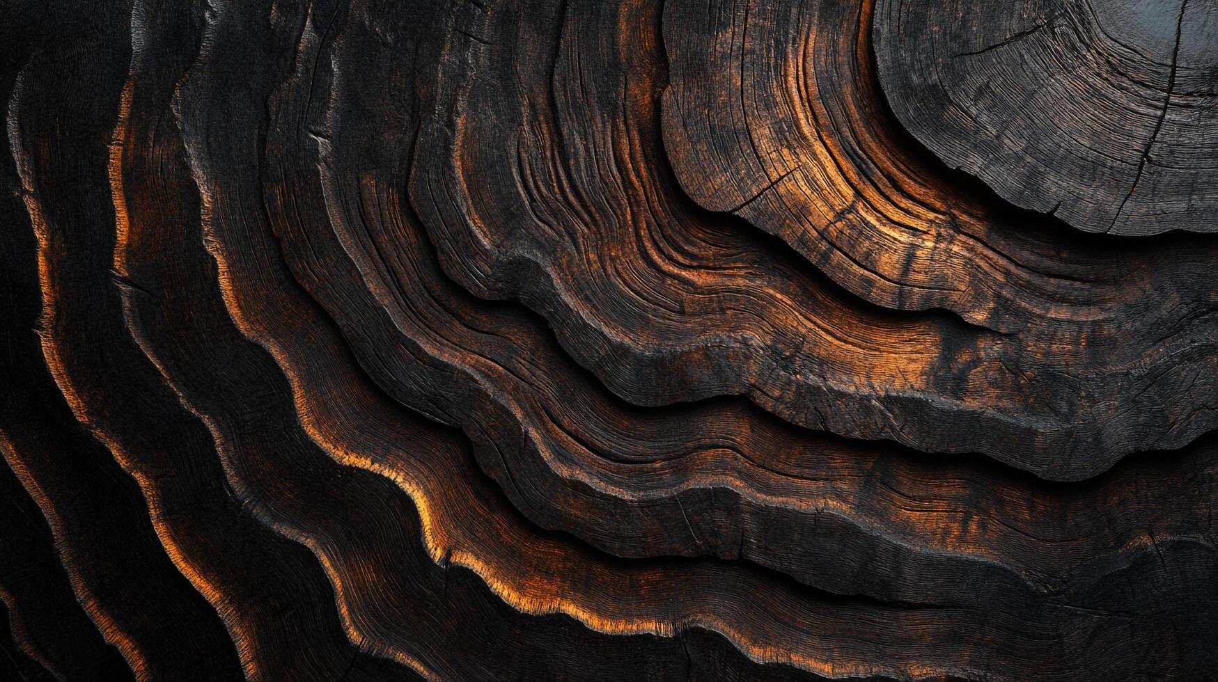 Abstract wood grain texture with dark brown and golden tones, resembling organic waves or patterns in tree trunk detail. photo