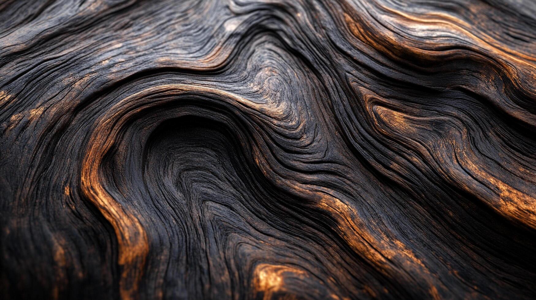 Dramatic textural close-up showcases dark wood grain with highlights, revealing depth and organic patterns. photo