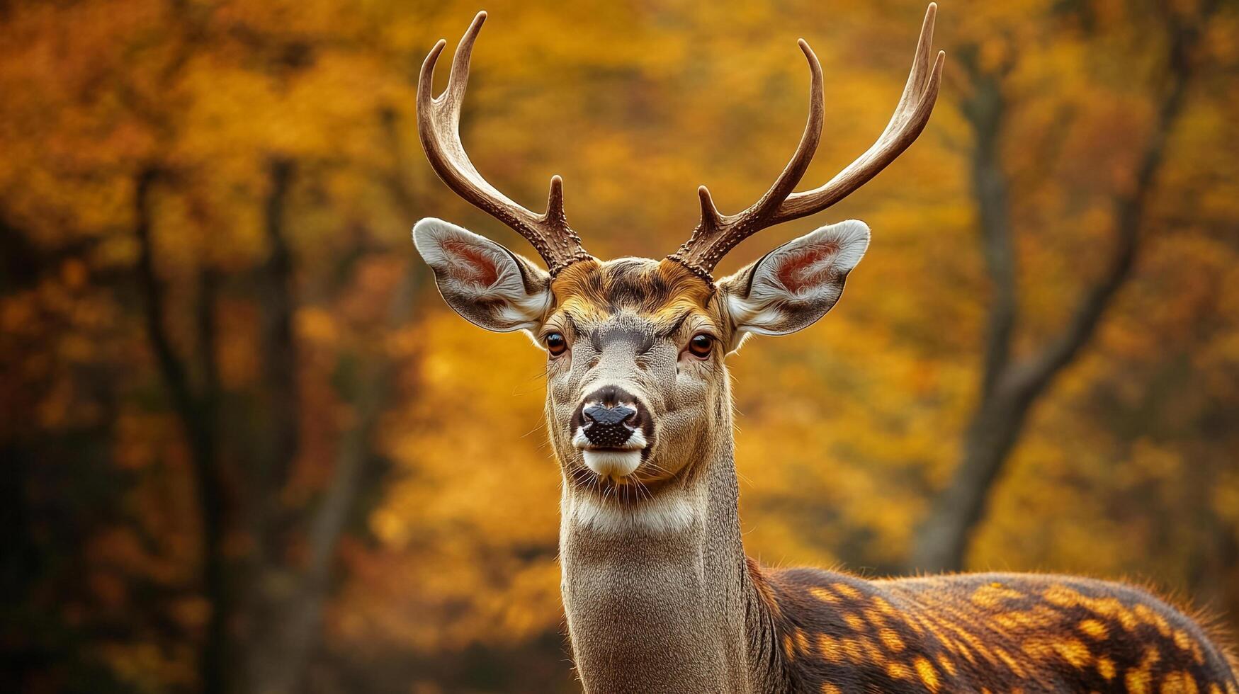 Majestic deer portrait, antlers reaching high against the colorful autumn foliage. Nature's beauty captured in a stunning animal close-up. photo