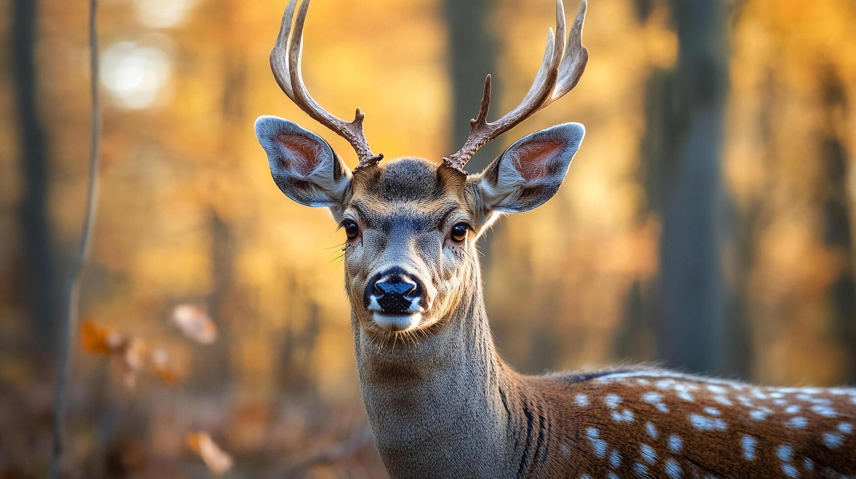 Stunning deer portrait in warm autumn light, showcasing its majestic antlers against a blurred forest backdrop. photo