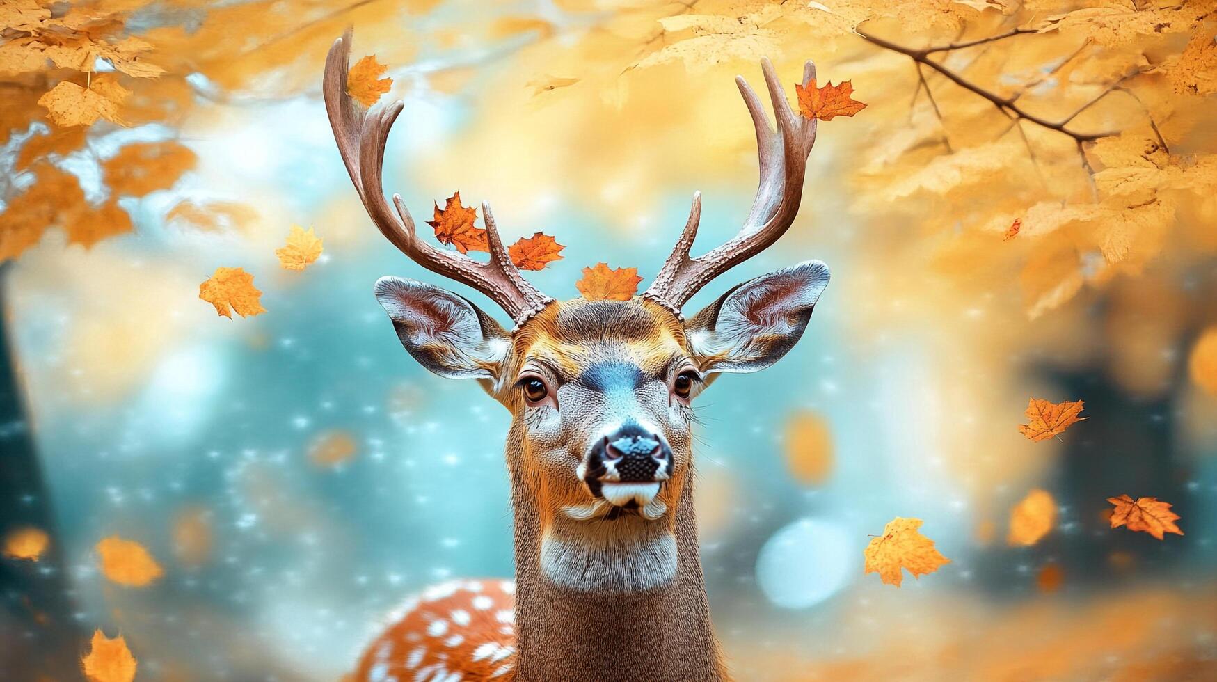 Majestic deer in a golden autumn scene, with falling leaves adding a touch of whimsy and seasonal charm, captivating wildlife photography. photo