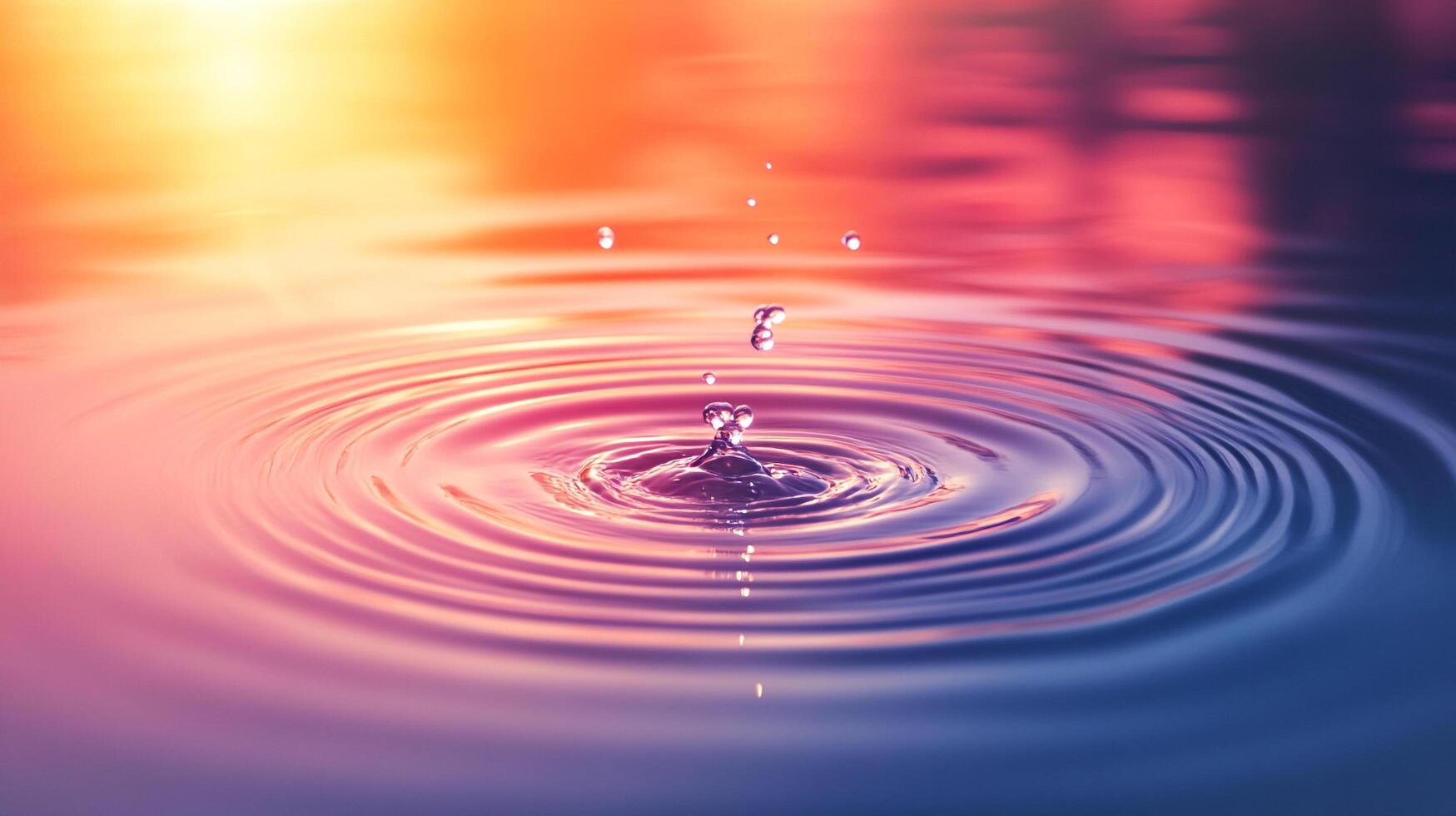 Water drop creating ripple effect on the surface of pond at sunset. Colorful, textured surface of pond is the central point of image. photo