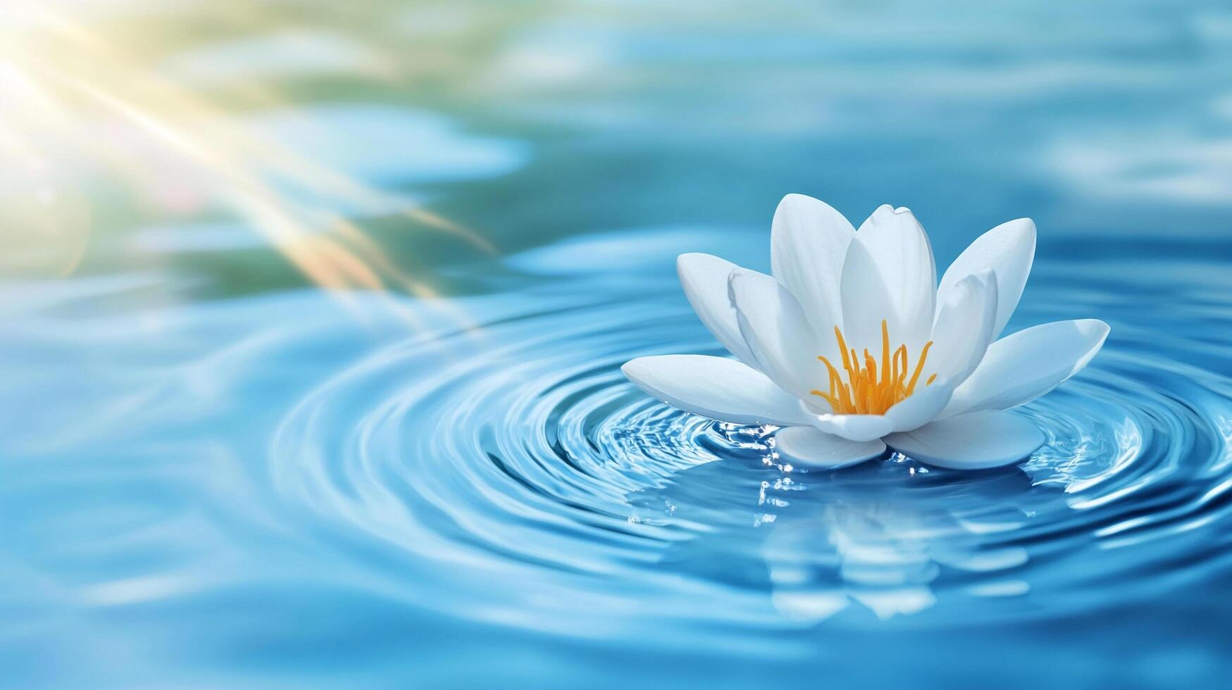 White lotus in shimmering water, creating concentric ripples. Soft light illuminates a peaceful, serene scene of natural beauty. photo