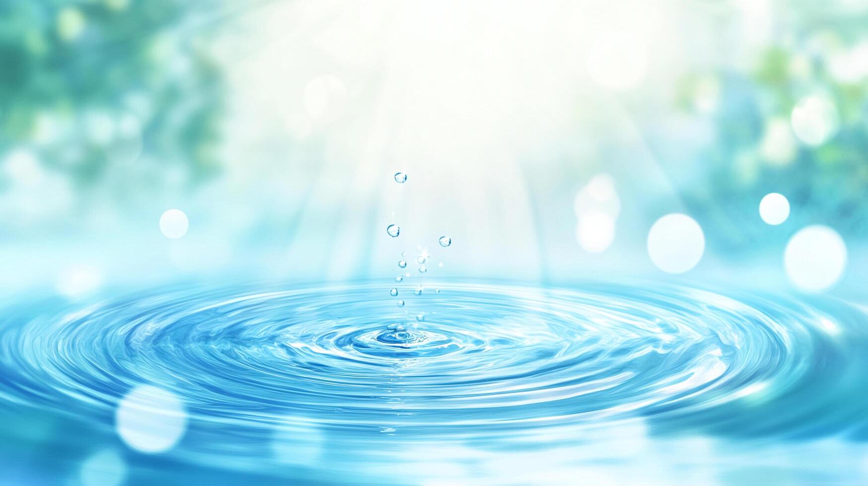 Serene water ripples radiate outward, creating a calming and refreshing atmosphere. Droplets ascend, sparkling in the gentle light. photo