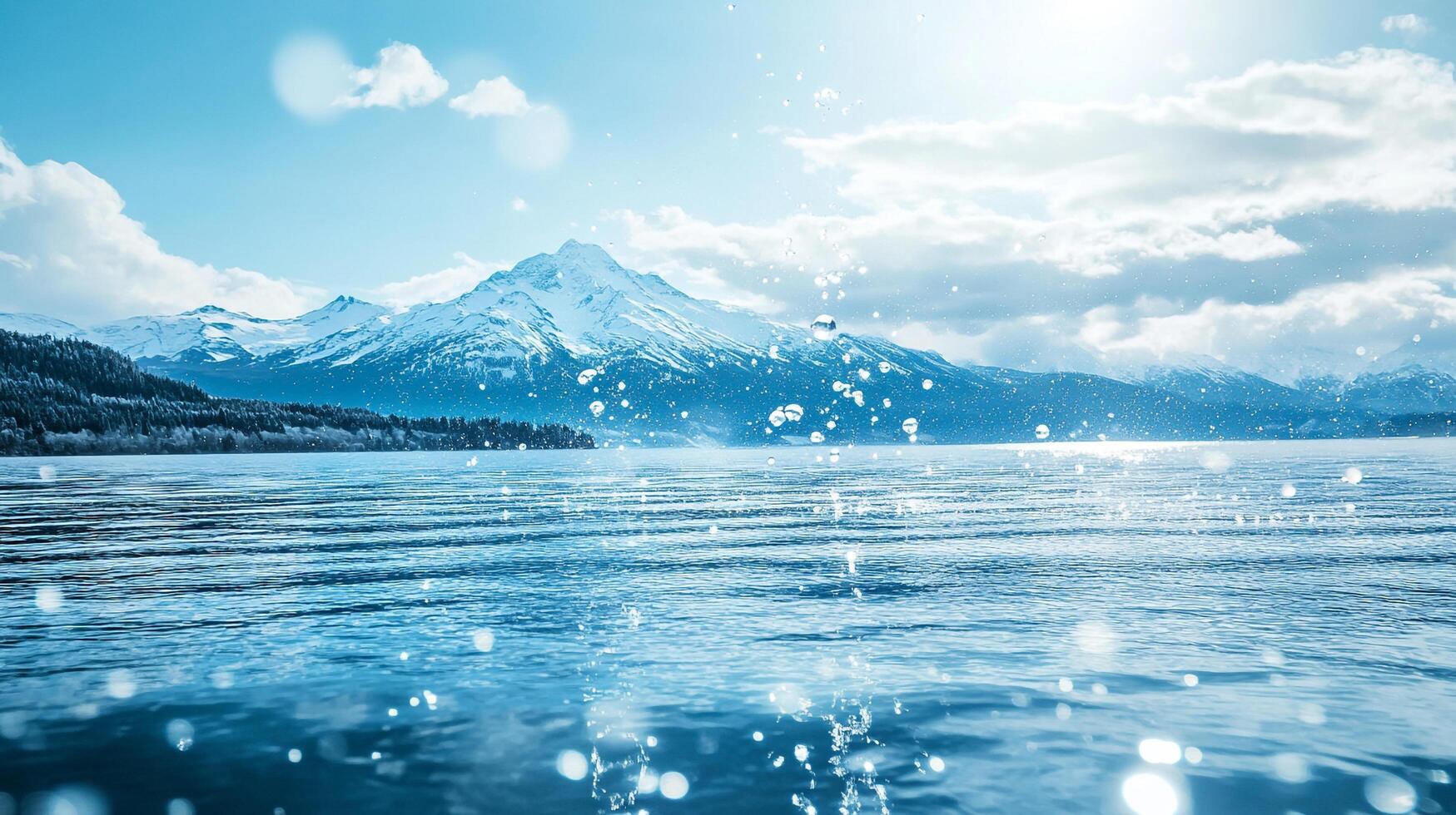 Snowy mountain backdrop with the bright sun glistening across the blue water and a shoreline in the foreground. photo
