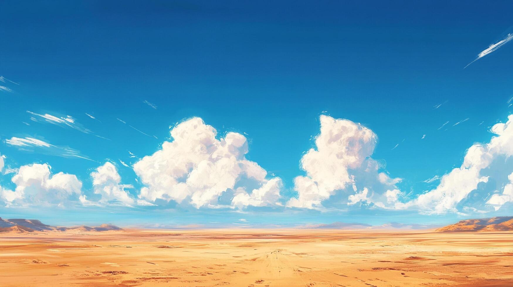 A vast desert landscape is painted beneath a bright blue sky filled with fluffy white clouds in this anime-style scene. photo
