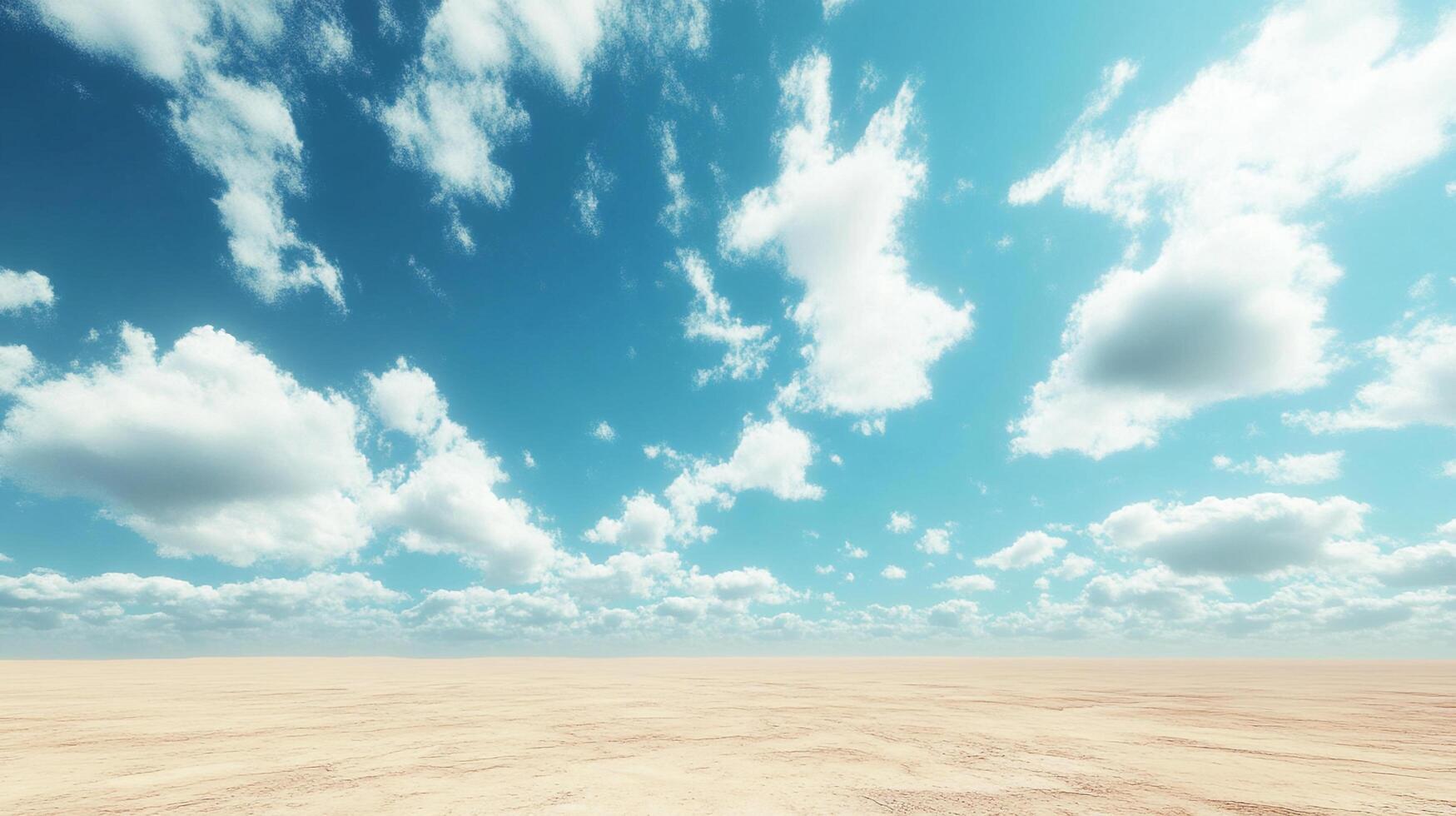 Vast, open landscape features a bright blue sky dotted with fluffy white clouds, contrasting against the light beige, textured terrain below. photo