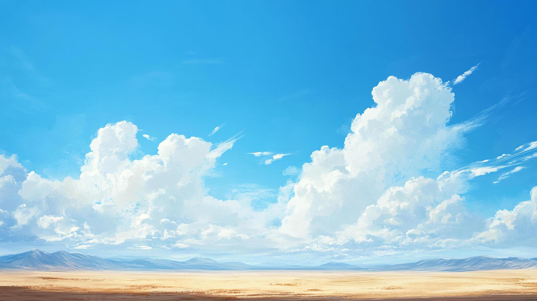 A serene desert landscape meets a vibrant blue sky filled with fluffy white clouds, creating a peaceful and expansive panorama. photo