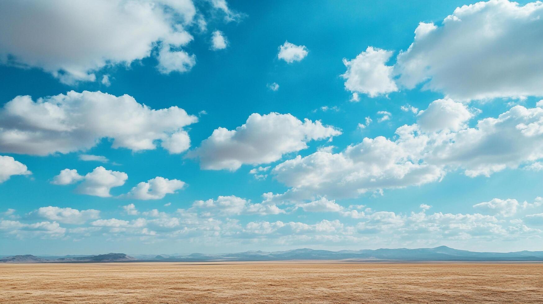 Expansive horizon with bright blue sky filled with puffy white clouds over a dry landscape. A scenic view of nature's beauty. photo