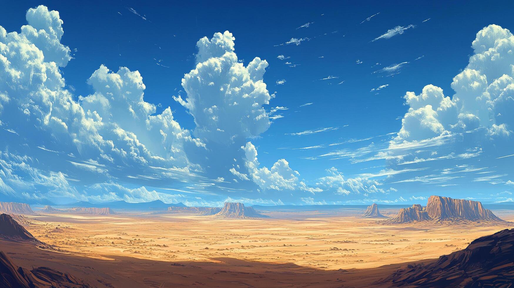 Expansive desert landscape under a vast sky filled with fluffy, anime-style clouds and towering mesas in the distance. photo