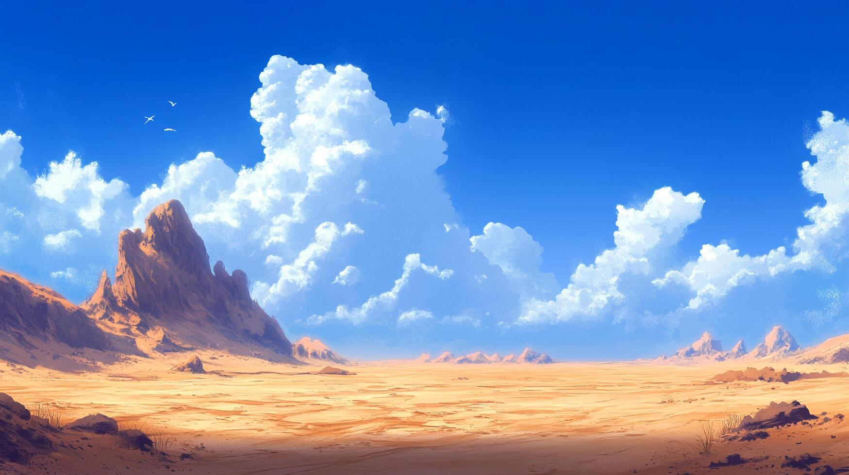 Vast desert landscape with clear blue sky and towering white clouds, creating a sense of openness and tranquility. photo