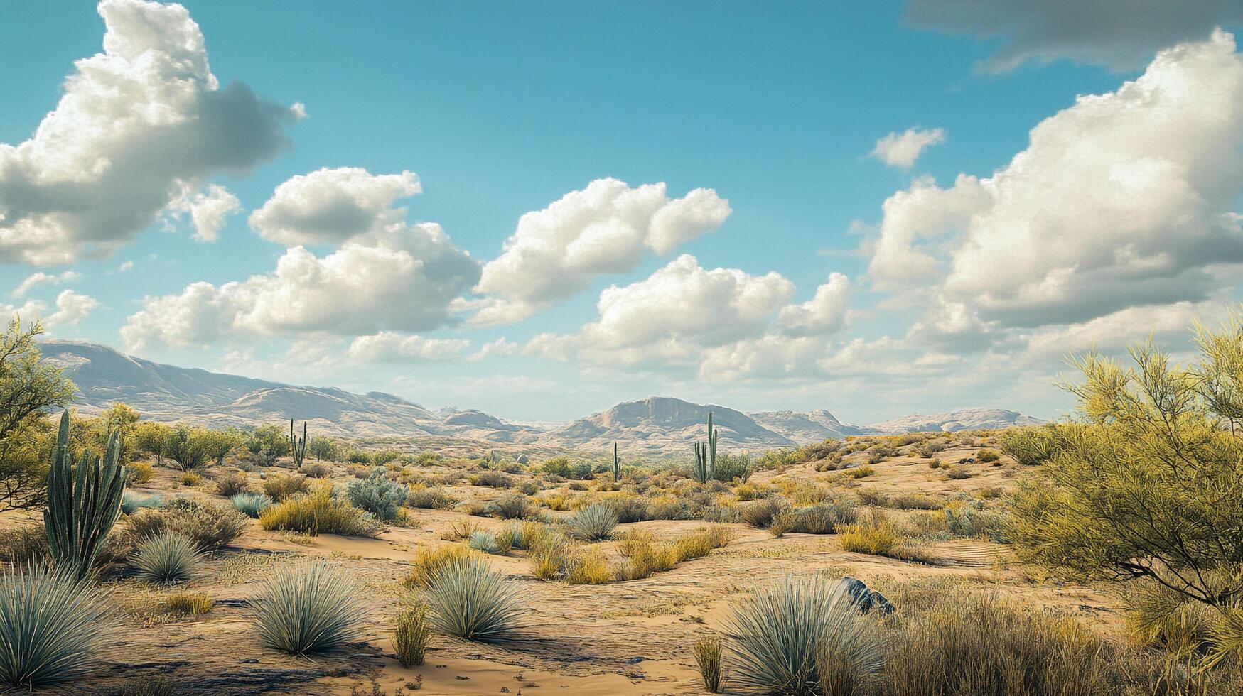 Arid desert landscape with diverse flora under a vast, cloudy sky, portraying natural beauty and remote serenity. photo